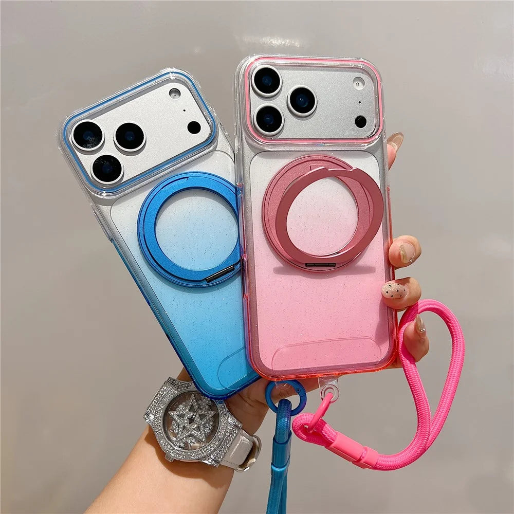 For iPhone 18 Pro Max / 17 Pro Max Magnetic Case 360 Rotating Ring Kickstand Gradient Clear TPU Phone Back Cover with Wrist Strap - Pink - 4