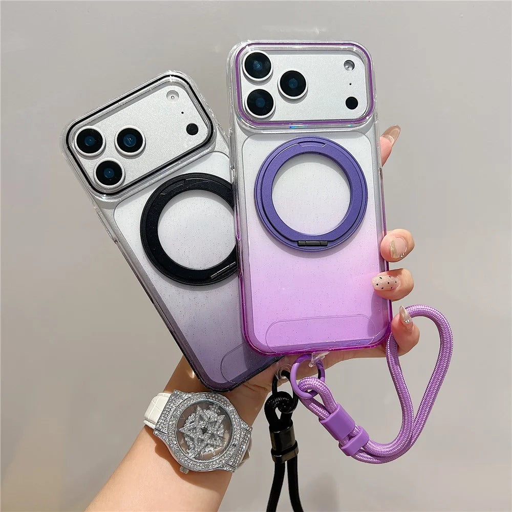 For iPhone 18 Pro Max / 17 Pro Max Magnetic Case 360 Rotating Ring Kickstand Gradient Clear TPU Phone Back Cover with Wrist Strap - Pink - 5