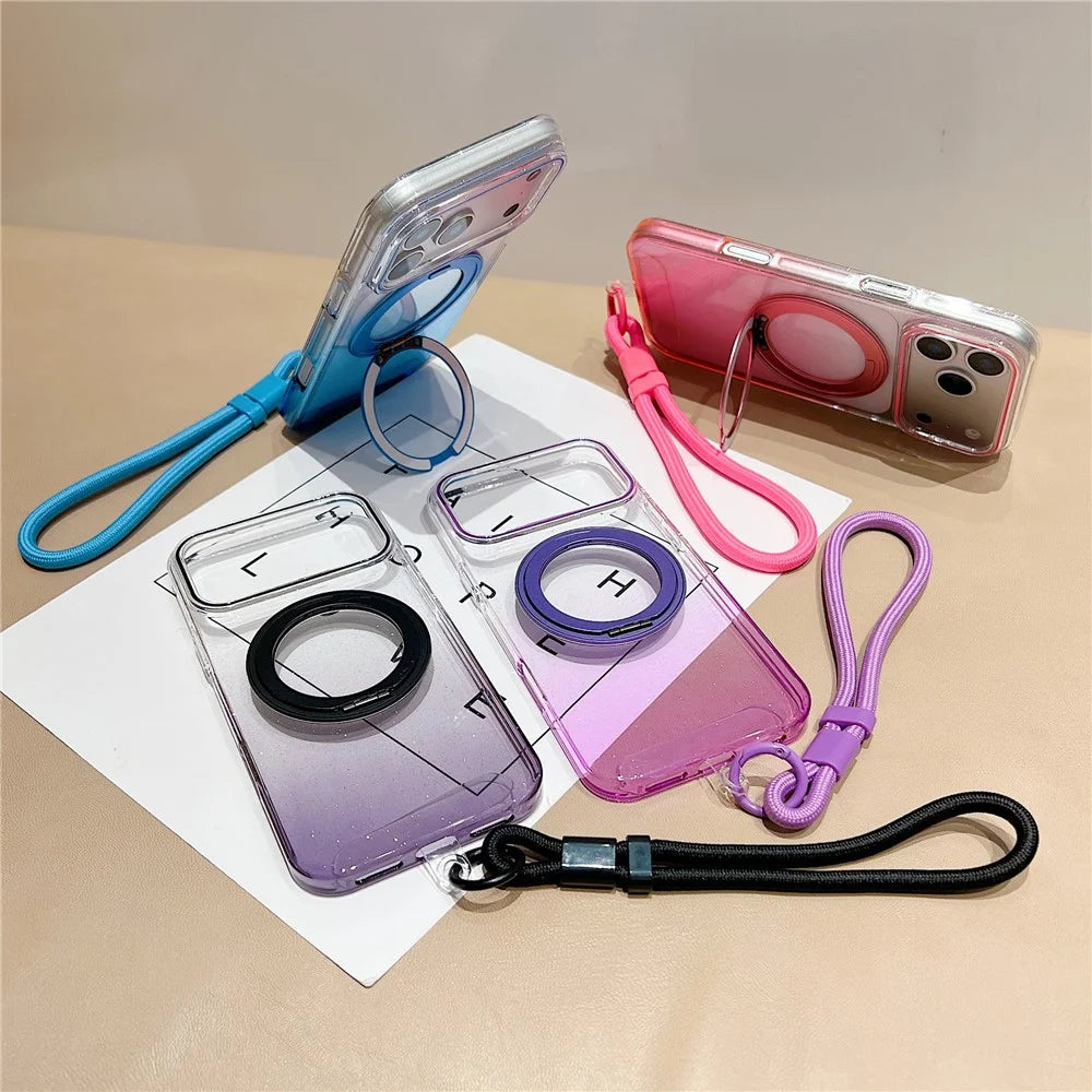 For iPhone 18 Pro Max / 17 Pro Max Magnetic Case 360 Rotating Ring Kickstand Gradient Clear TPU Phone Back Cover with Wrist Strap - Pink - 7