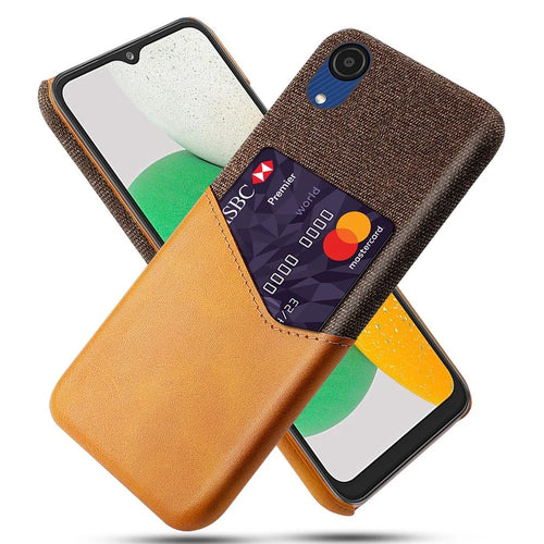 Cellphone Case for Samsung Galaxy A23e Cloth Texture Phone Case Card Holder PU Leather Coated PC Cover - Brown - 1