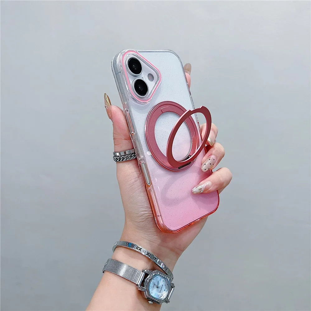 For iPhone 17 Magnetic Case 360 Rotating Ring Kickstand Gradient Clear TPU Phone Back Cover - Pink - 1