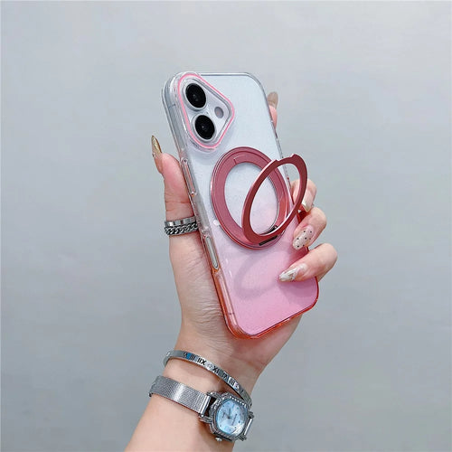 For iPhone 17 Magnetic Case 360 Rotating Ring Kickstand Gradient Clear TPU Phone Back Cover - Pink - 1