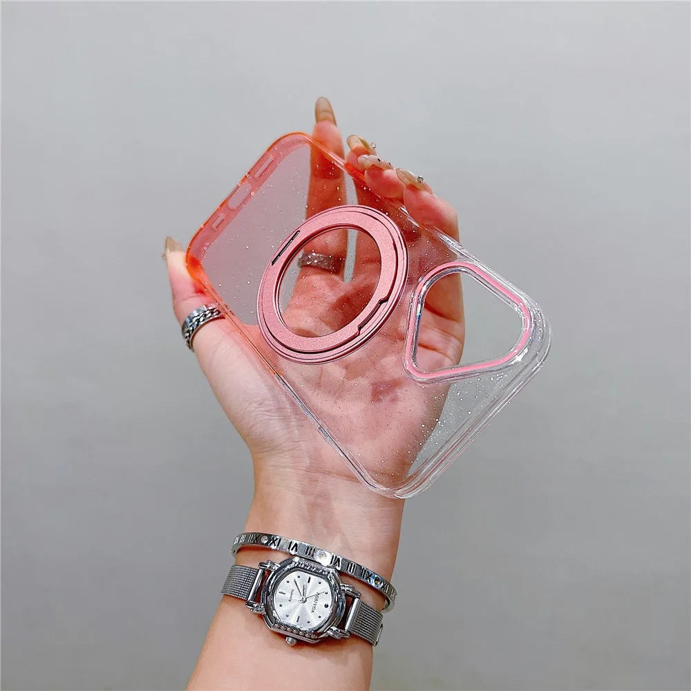 For iPhone 17 Magnetic Case 360 Rotating Ring Kickstand Gradient Clear TPU Phone Back Cover - Pink - 2