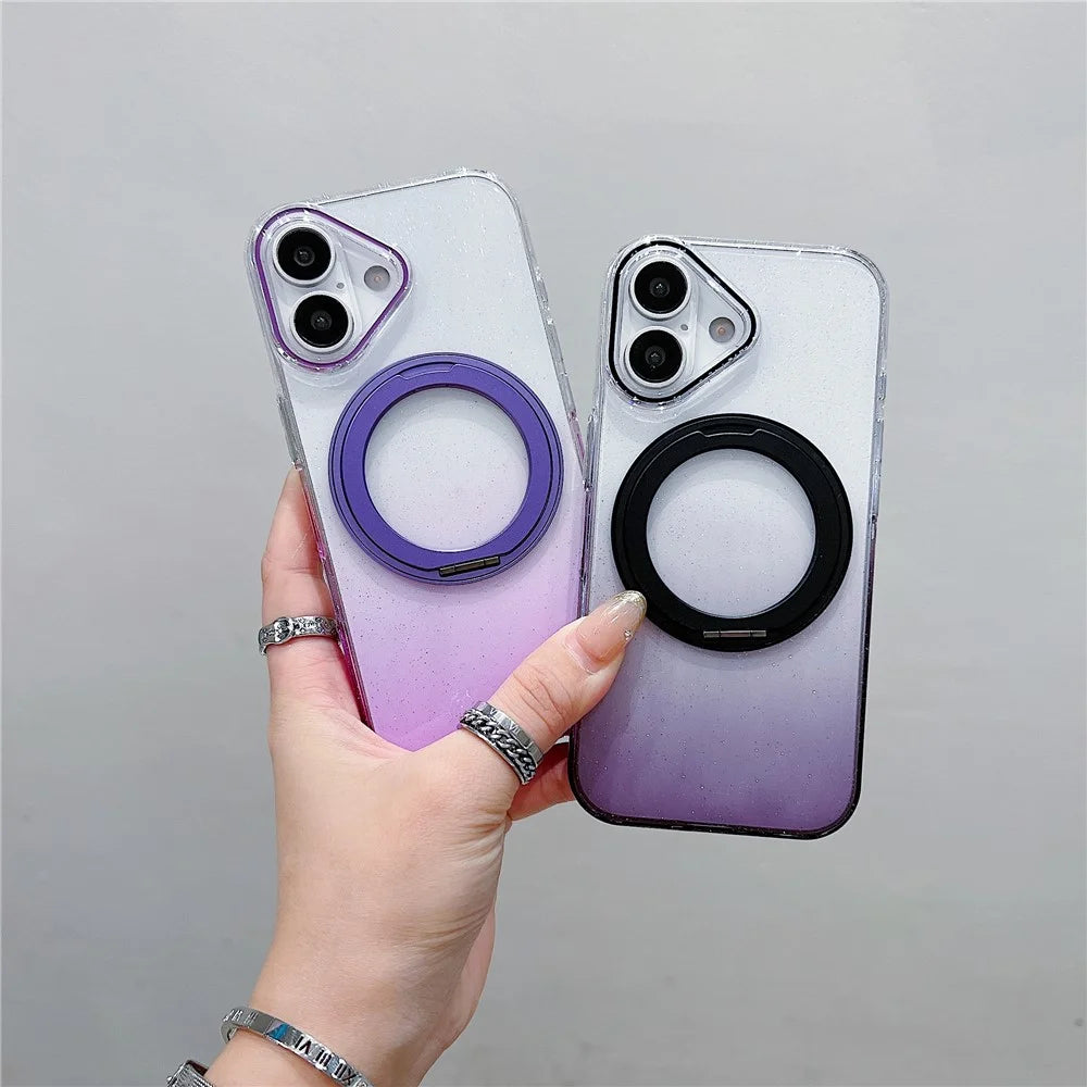 For iPhone 17 Magnetic Case 360 Rotating Ring Kickstand Gradient Clear TPU Phone Back Cover - Pink - 4