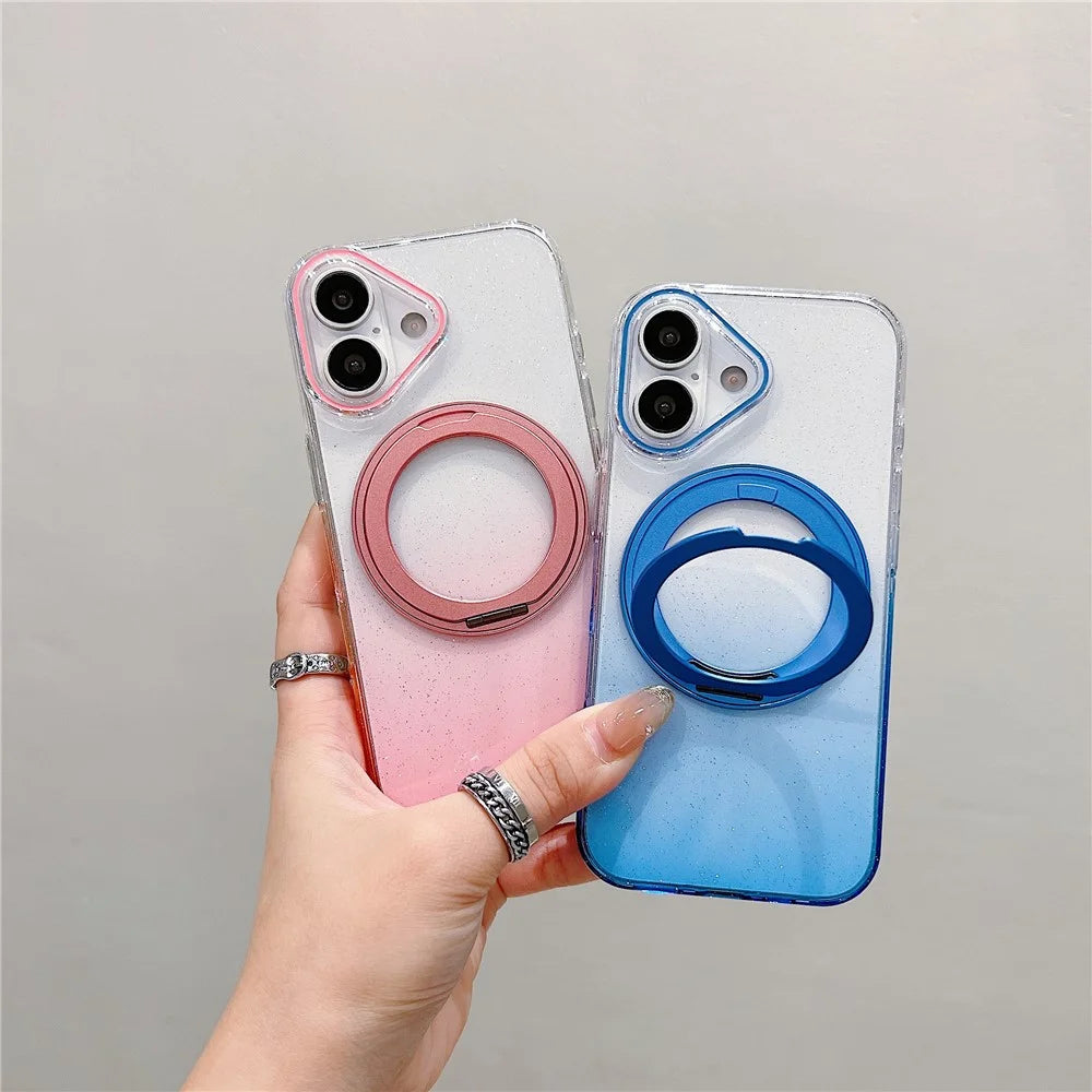 For iPhone 17 Magnetic Case 360 Rotating Ring Kickstand Gradient Clear TPU Phone Back Cover - Pink - 5