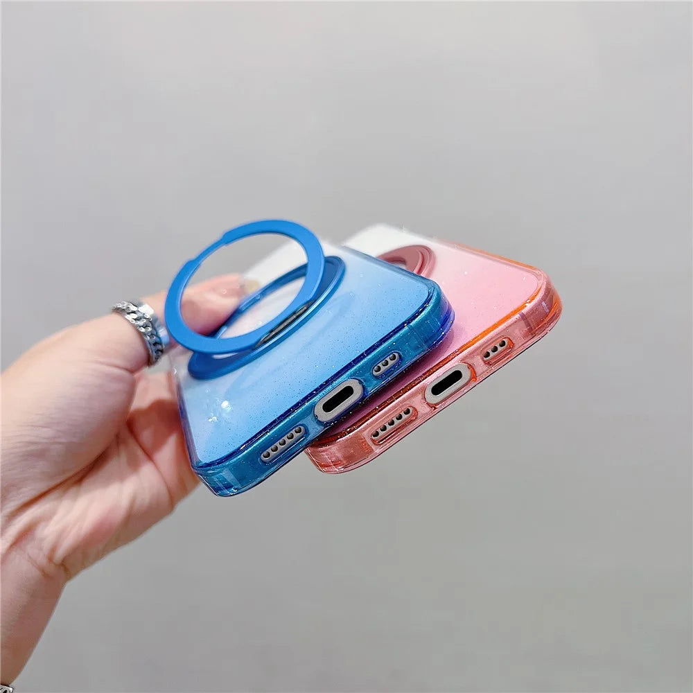 For iPhone 17 Magnetic Case 360 Rotating Ring Kickstand Gradient Clear TPU Phone Back Cover - Pink - 6