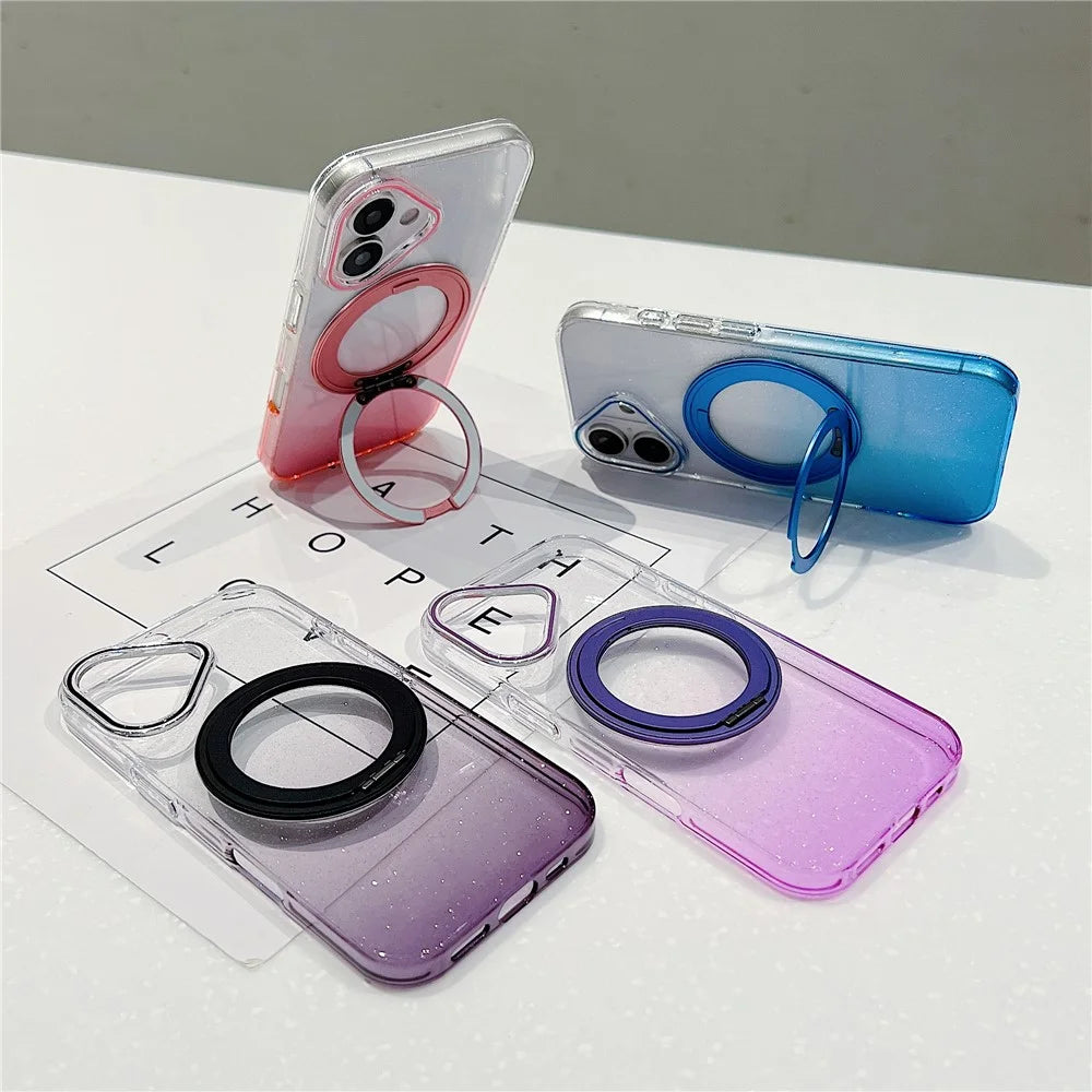 For iPhone 17 Magnetic Case 360 Rotating Ring Kickstand Gradient Clear TPU Phone Back Cover - Pink - 7