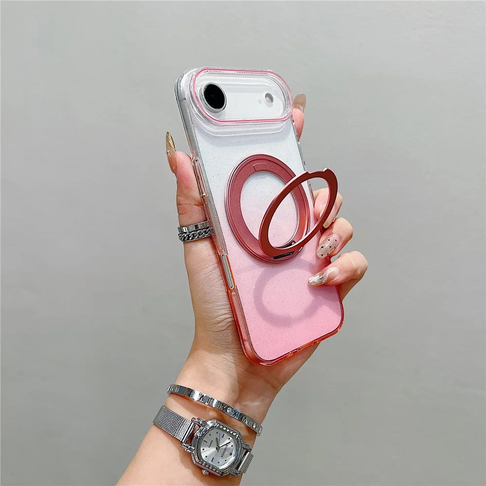 For iPhone Air Magnetic Case 360 Rotating Ring Kickstand Gradient Clear TPU Phone Back Cover - Pink - 1