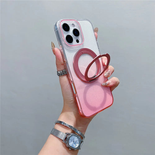 For iPhone 16 Pro Magnetic Case 360 Rotating Ring Kickstand Gradient Clear TPU Phone Back Cover - Pink - 1