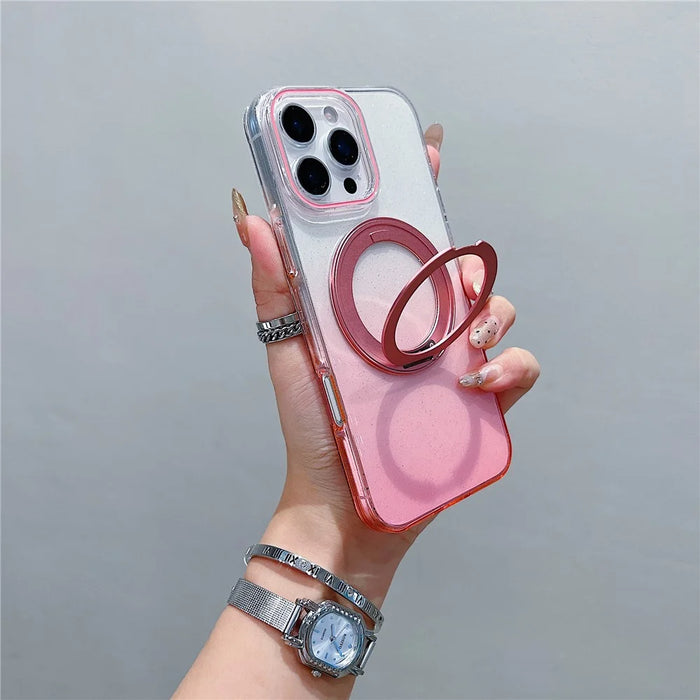For iPhone 16 Pro Magnetic Case 360 Rotating Ring Kickstand Gradient Clear TPU Phone Back Cover - Pink - 1