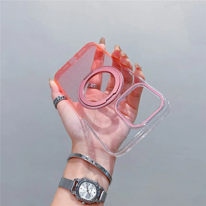 For iPhone 16 Pro Magnetic Case 360 Rotating Ring Kickstand Gradient Clear TPU Phone Back Cover - Pink - 2