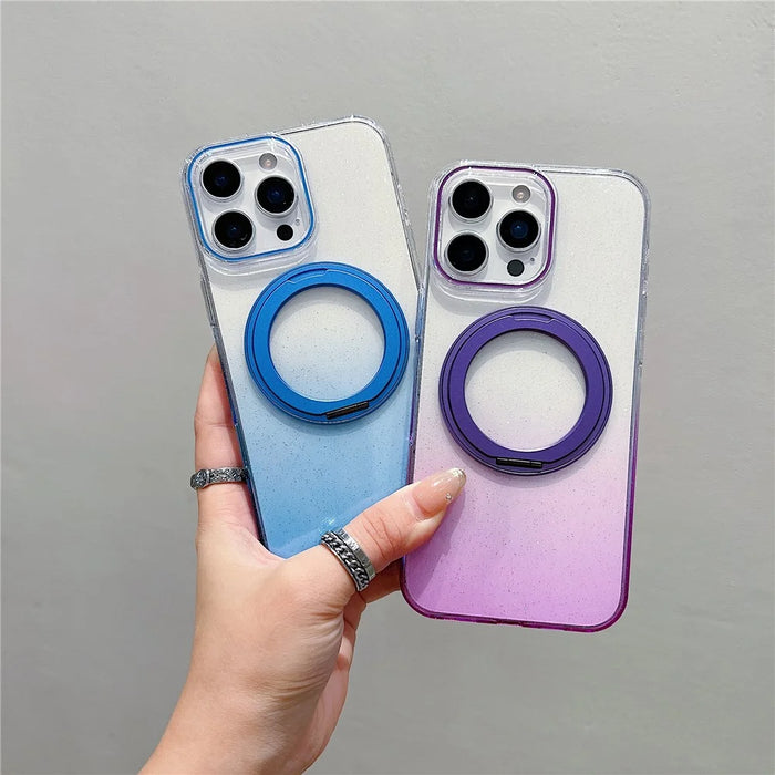 For iPhone 16 Pro Magnetic Case 360 Rotating Ring Kickstand Gradient Clear TPU Phone Back Cover - Pink - 4