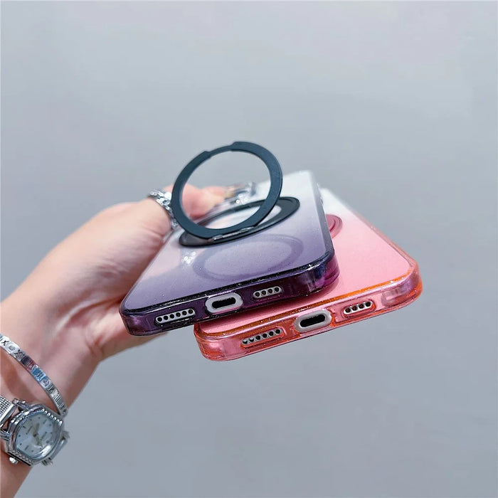 For iPhone 16 Pro Magnetic Case 360 Rotating Ring Kickstand Gradient Clear TPU Phone Back Cover - Pink - 7