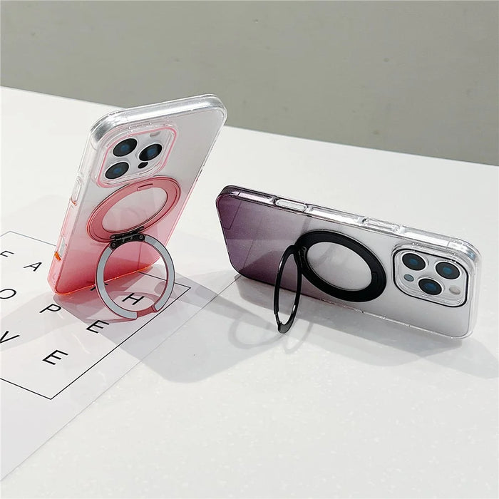 For iPhone 16 Pro Max Magnetic Case 360 Rotating Ring Kickstand Gradient Clear TPU Phone Back Cover - Pink - 3