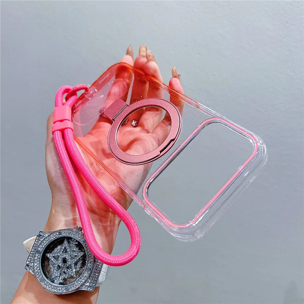 For iPhone 18 Pro / 17 Pro Magnetic Case Kickstand Gradient Clear TPU Phone Back Cover with Wrist Strap - Pink - 2