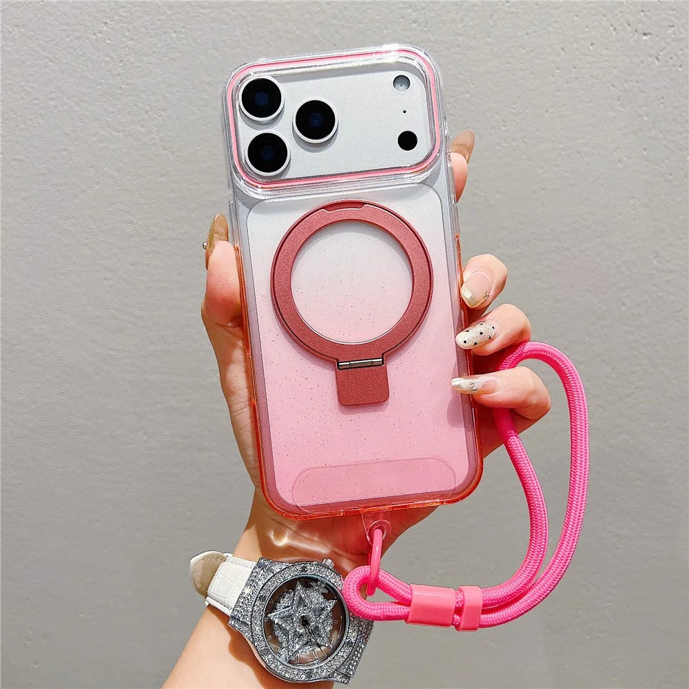 For iPhone 18 Pro Max / 17 Pro Max Magnetic Case Kickstand Gradient Clear TPU Phone Back Cover with Wrist Strap - Pink - 1