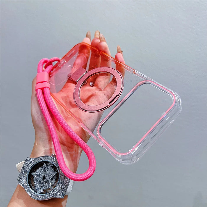 For iPhone 18 Pro Max / 17 Pro Max Magnetic Case Kickstand Gradient Clear TPU Phone Back Cover with Wrist Strap - Pink - 2