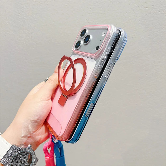For iPhone 18 Pro Max / 17 Pro Max Magnetic Case Kickstand Gradient Clear TPU Phone Back Cover with Wrist Strap - Pink - 5