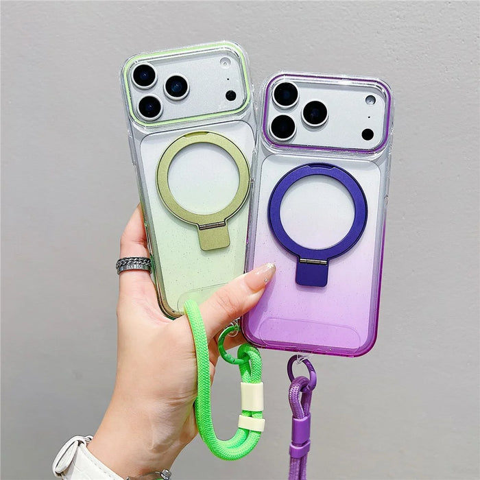 For iPhone 18 Pro Max / 17 Pro Max Magnetic Case Kickstand Gradient Clear TPU Phone Back Cover with Wrist Strap - Pink - 7