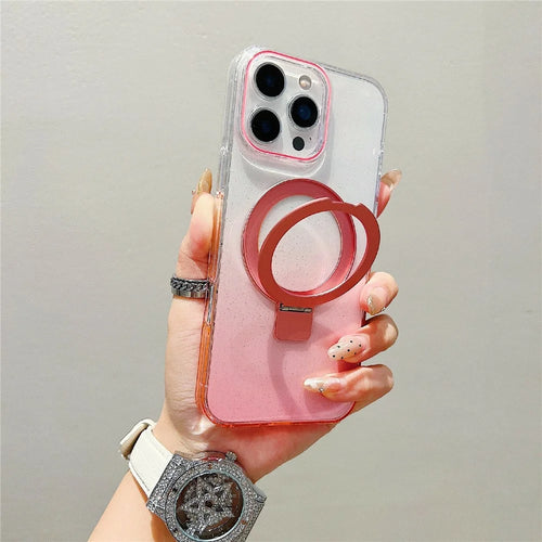 For iPhone 16 Pro Magnetic Case Kickstand Gradient Clear TPU Phone Back Cover - Pink - 1