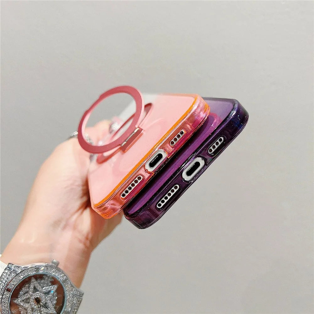 For iPhone 16 Pro Magnetic Case Kickstand Gradient Clear TPU Phone Back Cover - Pink - 4