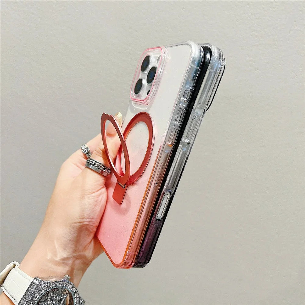 For iPhone 16 Pro Max Magnetic Case Kickstand Gradient Clear TPU Phone Back Cover - Pink - 5