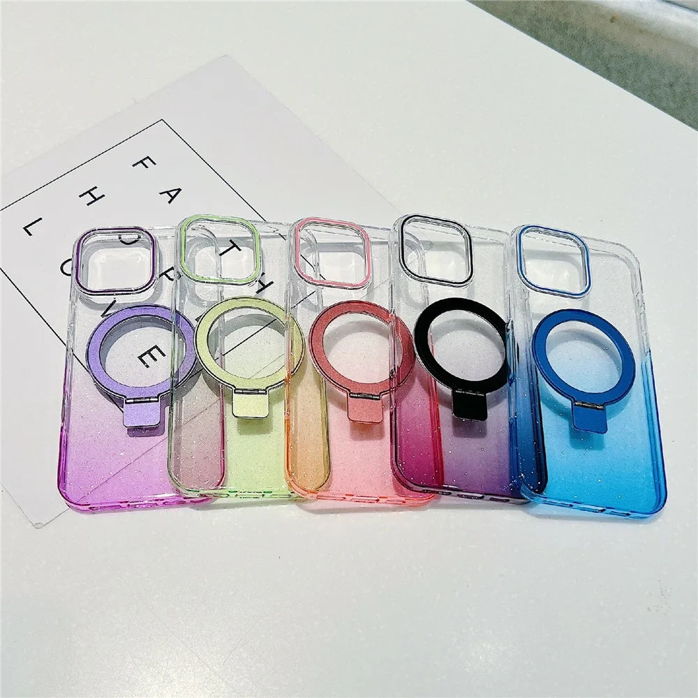 For iPhone 16 Pro Max Magnetic Case Kickstand Gradient Clear TPU Phone Back Cover - Pink - 6