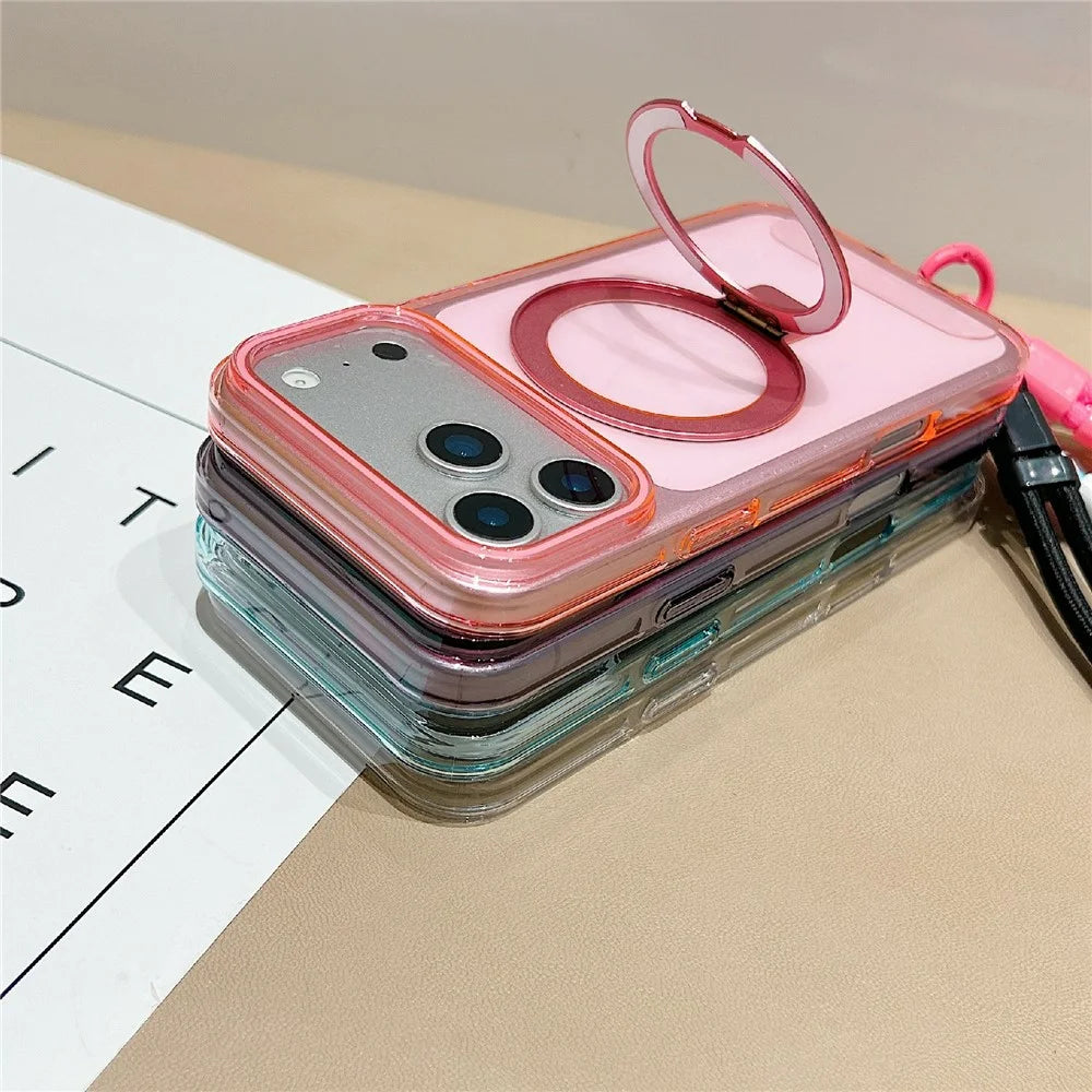 For iPhone 18 Pro / 17 Pro Magnetic Case Kickstand Clear TPU Phone Back Cover with Wrist Strap - Pink - 6