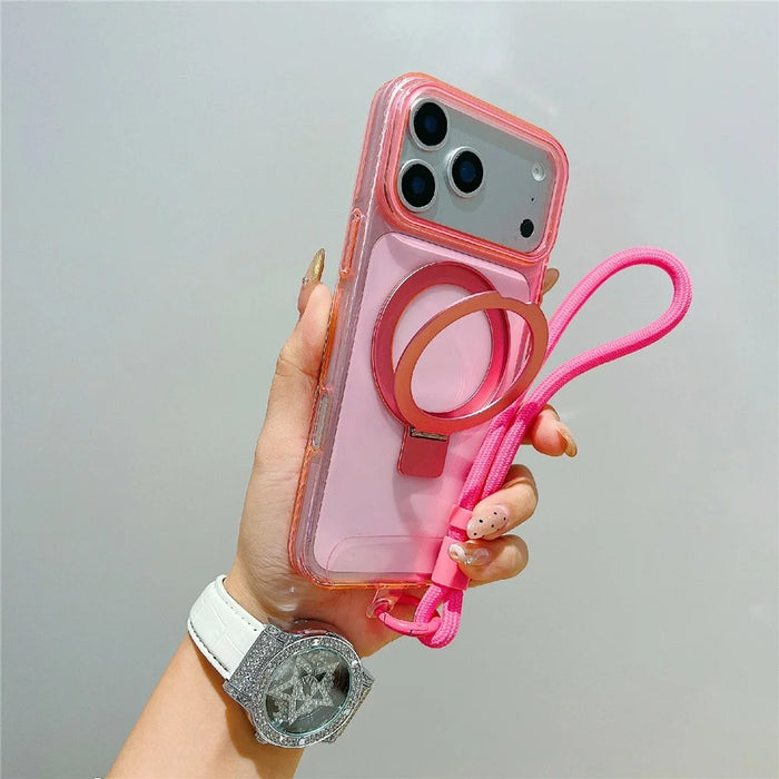 For iPhone 18 Pro Max / 17 Pro Max Magnetic Case Kickstand Clear TPU Phone Back Cover with Wrist Strap - Pink - 1