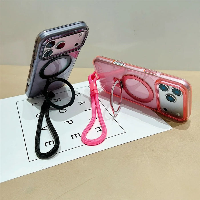 For iPhone 18 Pro Max / 17 Pro Max Magnetic Case Kickstand Clear TPU Phone Back Cover with Wrist Strap - Pink - 2