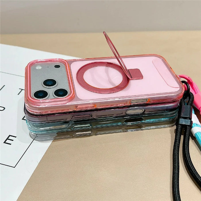 For iPhone 18 Pro Max / 17 Pro Max Magnetic Case Kickstand Clear TPU Phone Back Cover with Wrist Strap - Pink - 5