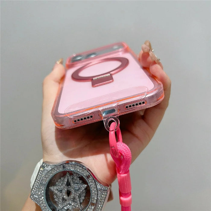 For iPhone 18 Pro Max / 17 Pro Max Magnetic Case Kickstand Clear TPU Phone Back Cover with Wrist Strap - Pink - 7