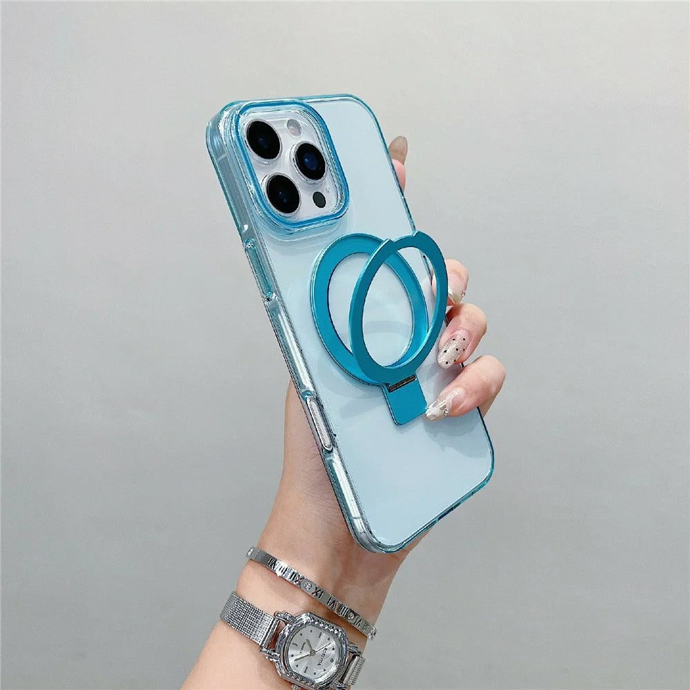 For iPhone 16 Pro Max Magnetic Case Kickstand Clear TPU Phone Back Cover - Blue - 1
