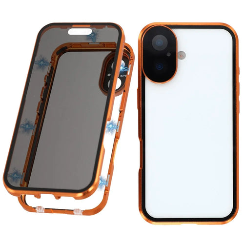 For iPhone 17 Case Anti-Spy Double-Sided Tempered Glass + Magnetic Metal Frame Phone Cover - Orange - 1