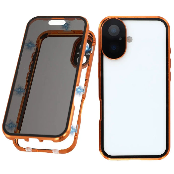 For iPhone 17 Case Anti-Spy Double-Sided Tempered Glass + Magnetic Metal Frame Phone Cover - Orange - 1