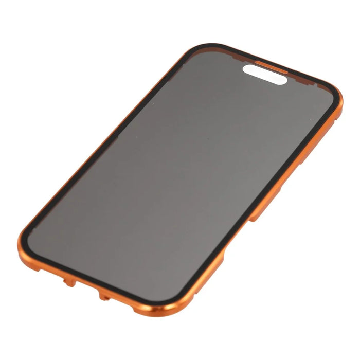 For iPhone 17 Case Anti-Spy Double-Sided Tempered Glass + Magnetic Metal Frame Phone Cover - Orange - 5