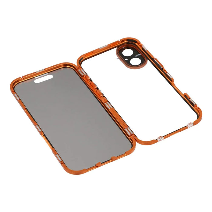 For iPhone 17 Case Anti-Spy Double-Sided Tempered Glass + Magnetic Metal Frame Phone Cover - Orange - 7