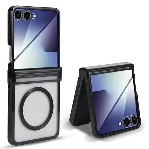 For Samsung Galaxy Z Flip7 5G Magnetic Case Electroplating CD Vein PC Phone Cover with Tempered Glass Screen Film - Black - 1