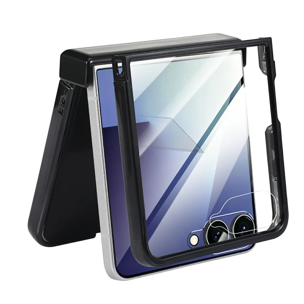 For Samsung Galaxy Z Flip7 5G Magnetic Case Electroplating CD Vein PC Phone Cover with Tempered Glass Screen Film - Black - 4