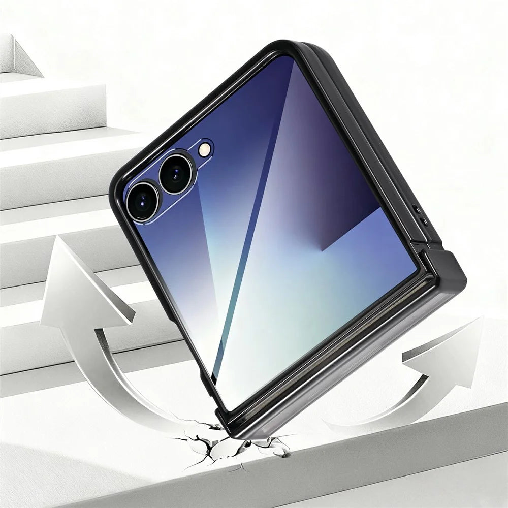 For Samsung Galaxy Z Flip7 5G Magnetic Case Electroplating CD Vein PC Phone Cover with Tempered Glass Screen Film - Black - 5