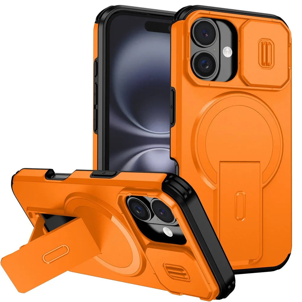 For iPhone 16 Case Kickstand Camera Slider PC + TPU Phone Cover Compatible with MagSafe - Orange - 1