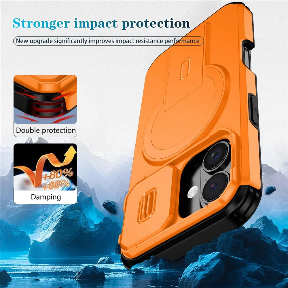 For iPhone 16 Case Kickstand Camera Slider PC + TPU Phone Cover Compatible with MagSafe - Orange - 2