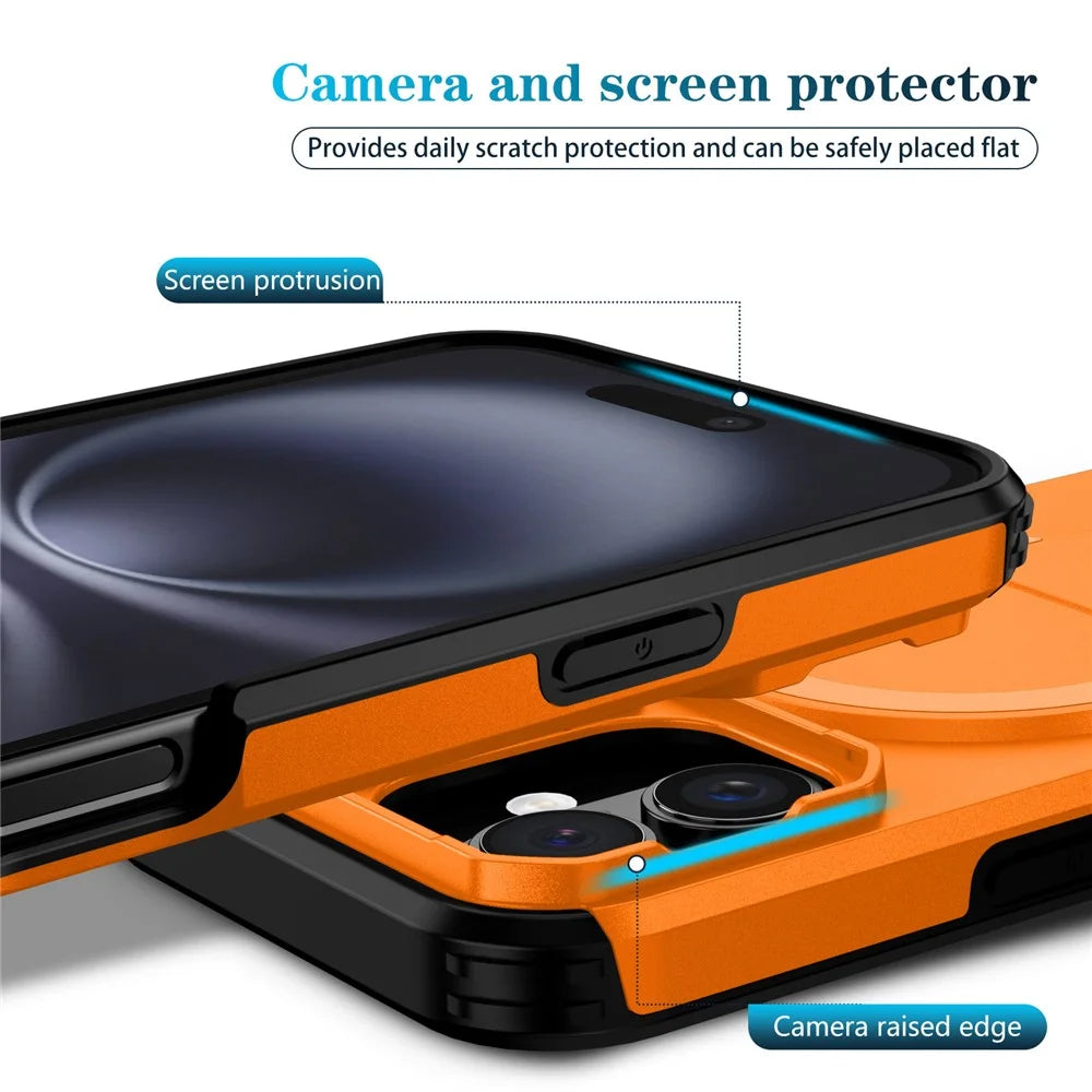 For iPhone 16 Case Kickstand Camera Slider PC + TPU Phone Cover Compatible with MagSafe - Orange - 3