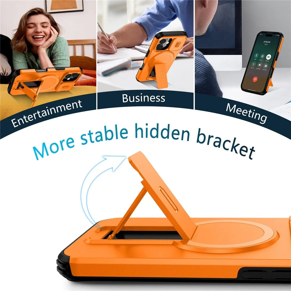 For iPhone 16 Case Kickstand Camera Slider PC + TPU Phone Cover Compatible with MagSafe - Orange - 4