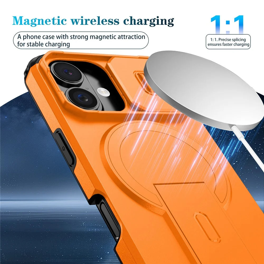 For iPhone 16 Case Kickstand Camera Slider PC + TPU Phone Cover Compatible with MagSafe - Orange - 6