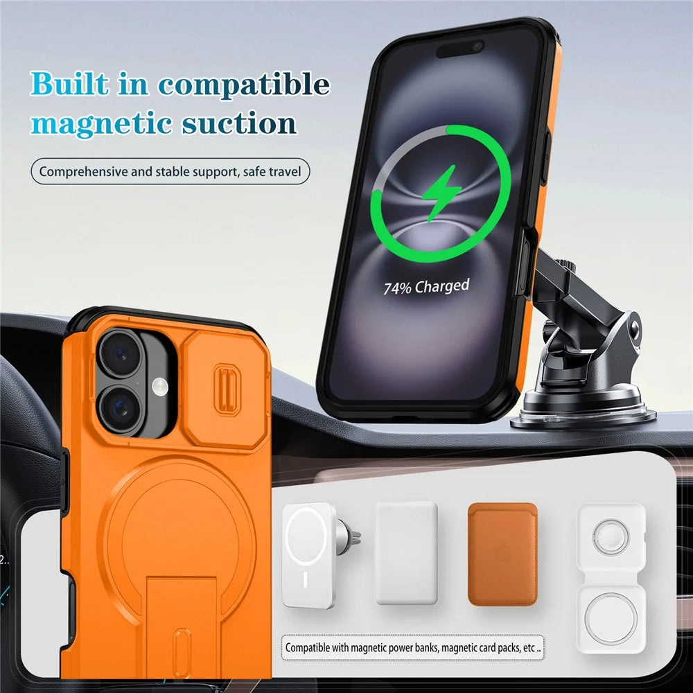 For iPhone 16 Case Kickstand Camera Slider PC + TPU Phone Cover Compatible with MagSafe - Orange - 7