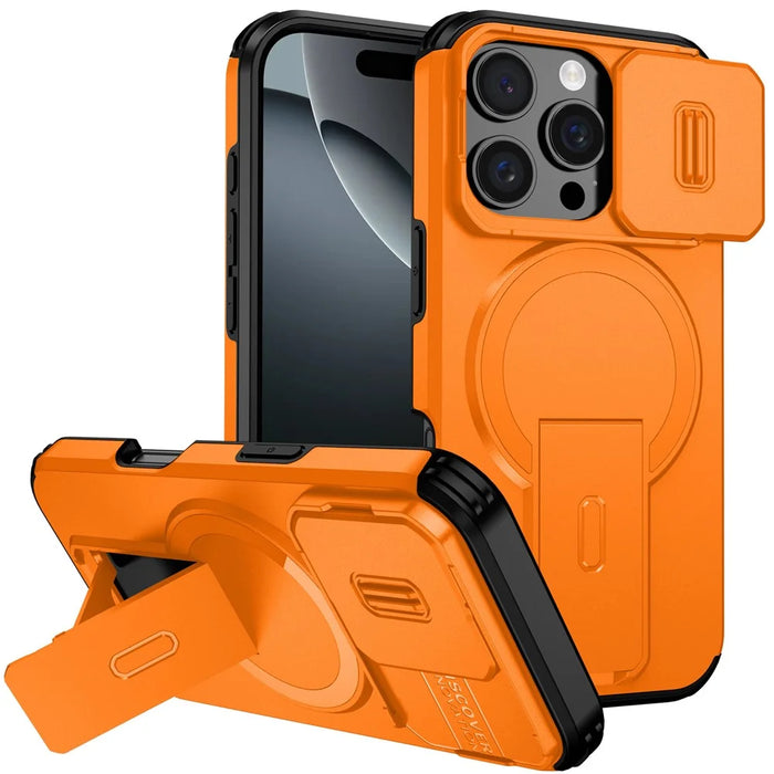 For iPhone 16 Pro Case Kickstand Camera Slider PC + TPU Phone Cover Compatible with MagSafe - Orange - 1