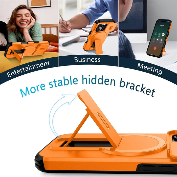 For iPhone 16 Pro Case Kickstand Camera Slider PC + TPU Phone Cover Compatible with MagSafe - Orange - 4