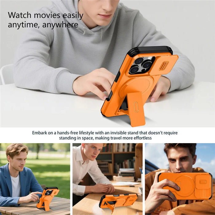 For iPhone 16 Pro Case Kickstand Camera Slider PC + TPU Phone Cover Compatible with MagSafe - Orange - 5