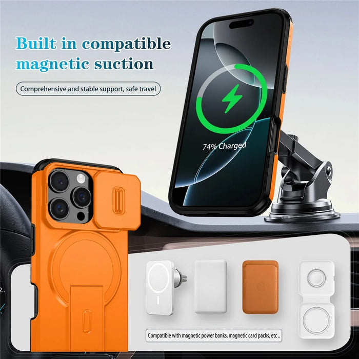 For iPhone 16 Pro Case Kickstand Camera Slider PC + TPU Phone Cover Compatible with MagSafe - Orange - 7